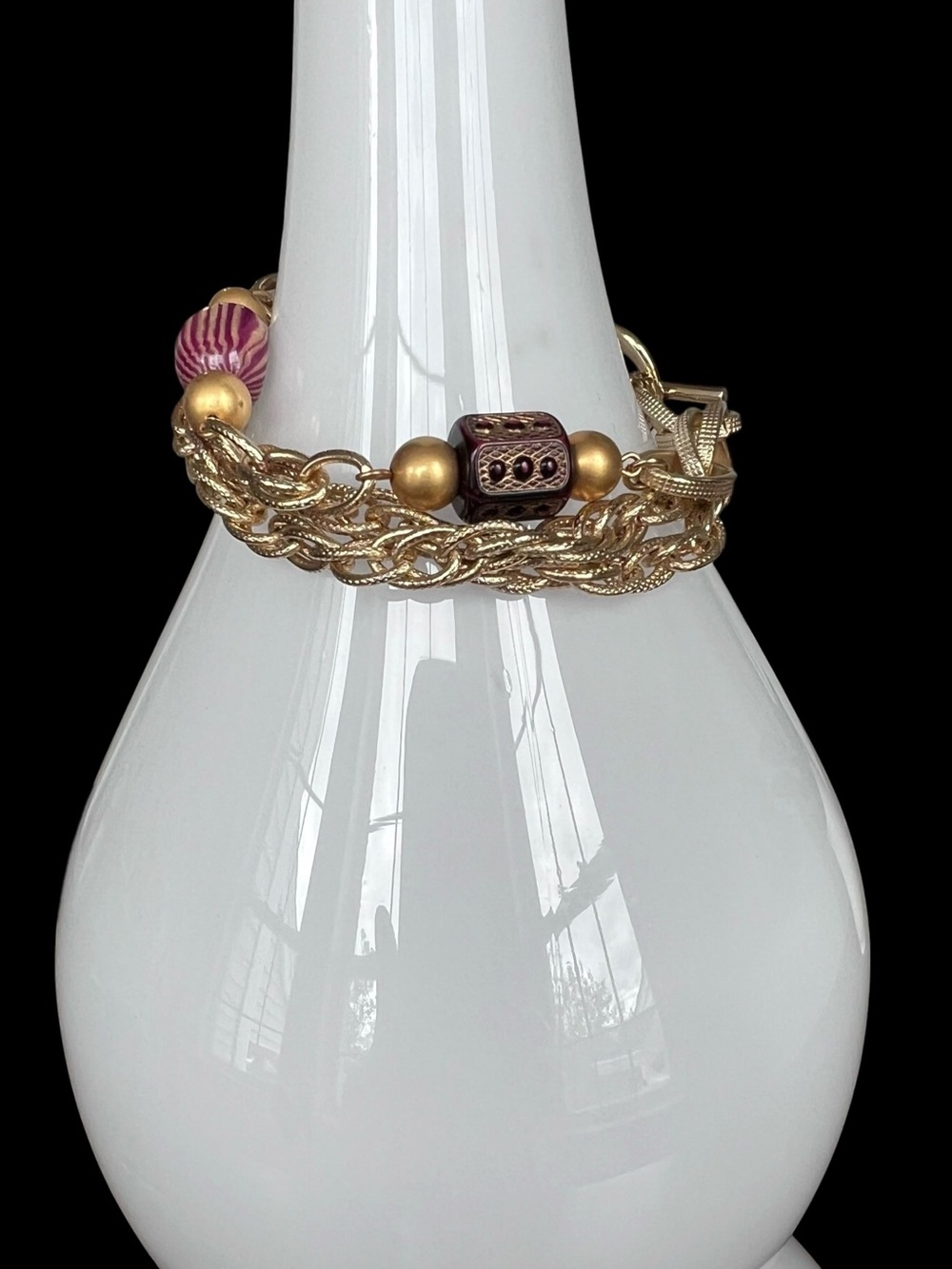 Gold Tone Chunky Multi Strand Mixed Textured Toggle Bracelet with Beads 8.25"